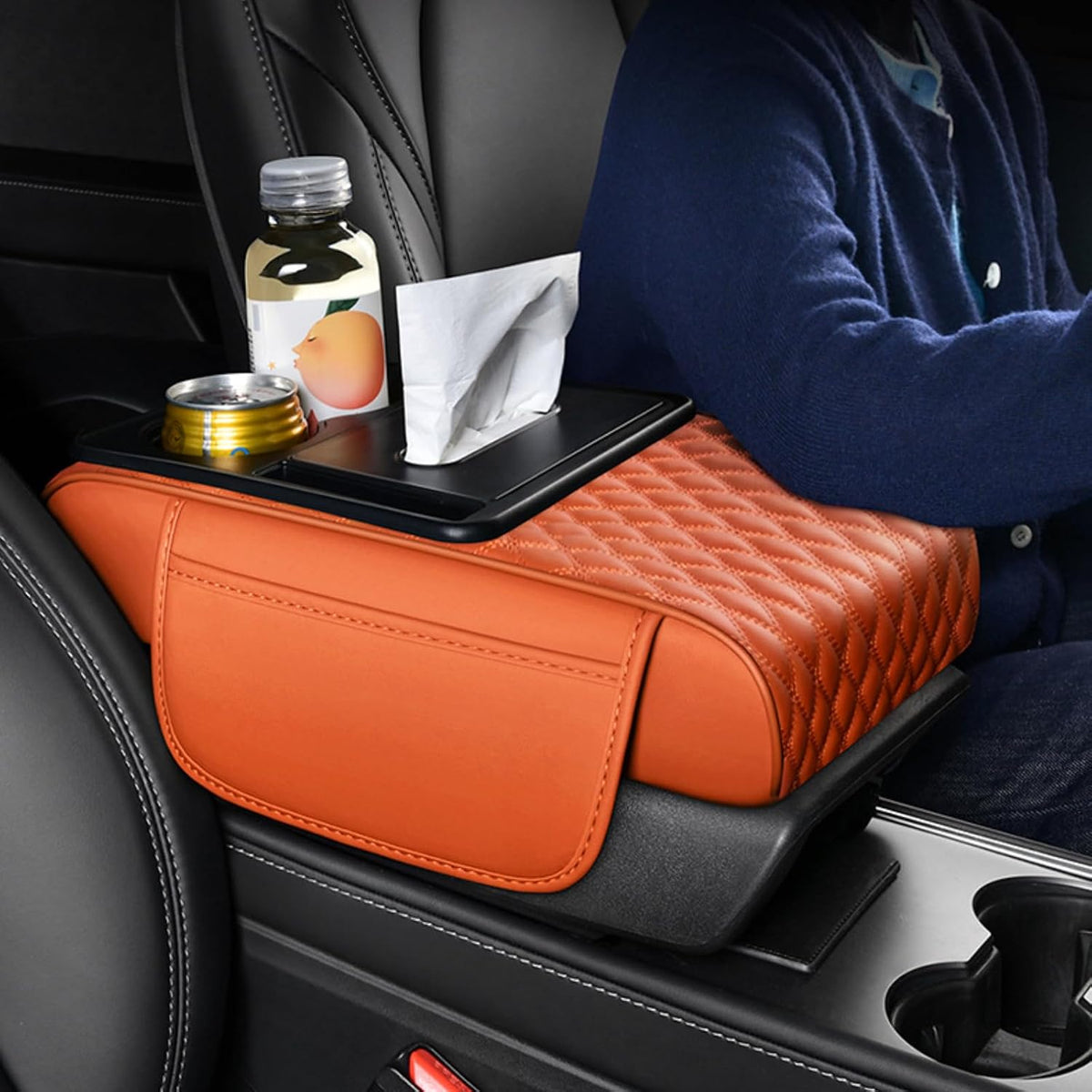 5-in-1 Car Armrest Pad Cushion, Water Ripple Embossed Center Console Booster Pad with Tissue Box, Cup Holder, Storage Bag, Phone Slot, Fit for Most Sedan Vehicles (Water Ripple Series, Grey)