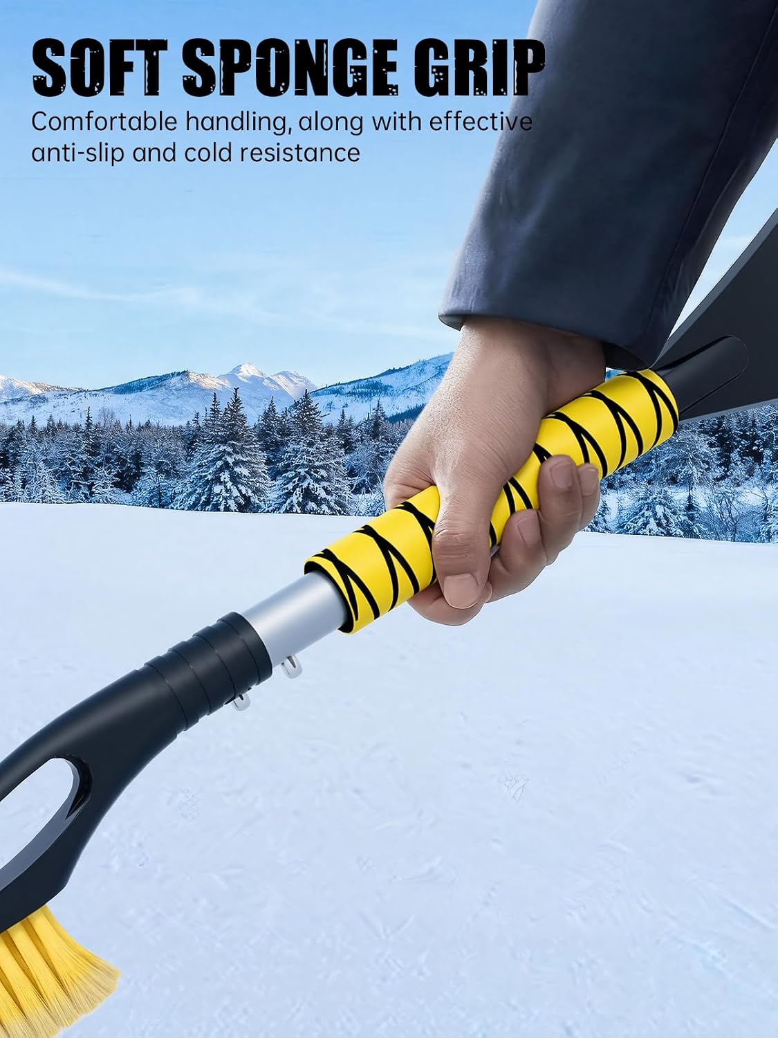 MIKKUPPA 27" Snow Brush and Ice Scrapers for Car Windshield, Yellow | Detachable Windshield Scraper, Snow Removal Tool with Curved Connector & Ergonomic Foam Grip for Cars, Trucks, SUVs