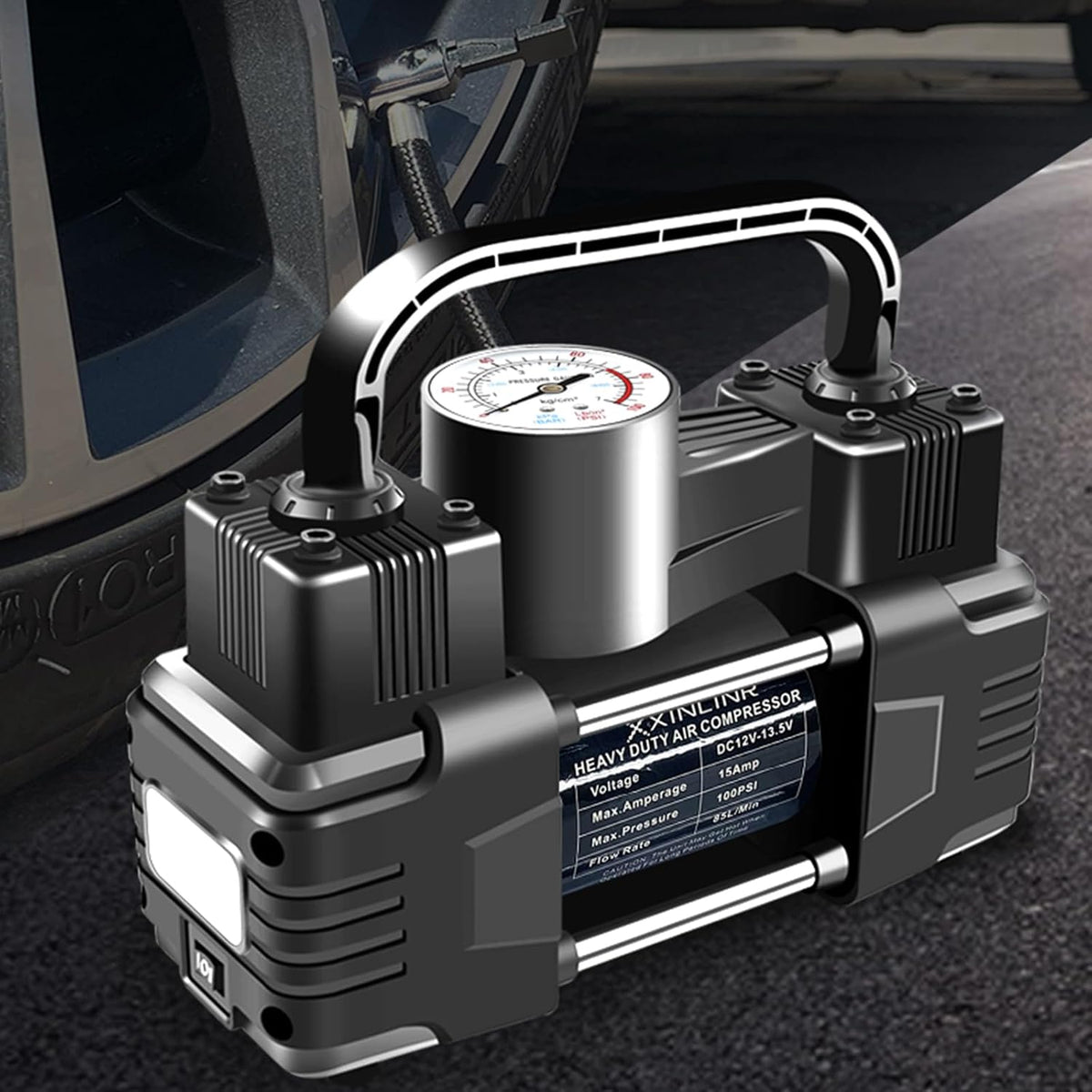 Rapid Inflation Heavy-Duty Portable Dual-Cylinder Tire Inflator with Pressure Gauge - 12V 150PSI Metal Air Compressor (LED Light), Adapters & Storage Bag Included, Fits Cars, RV Tires
