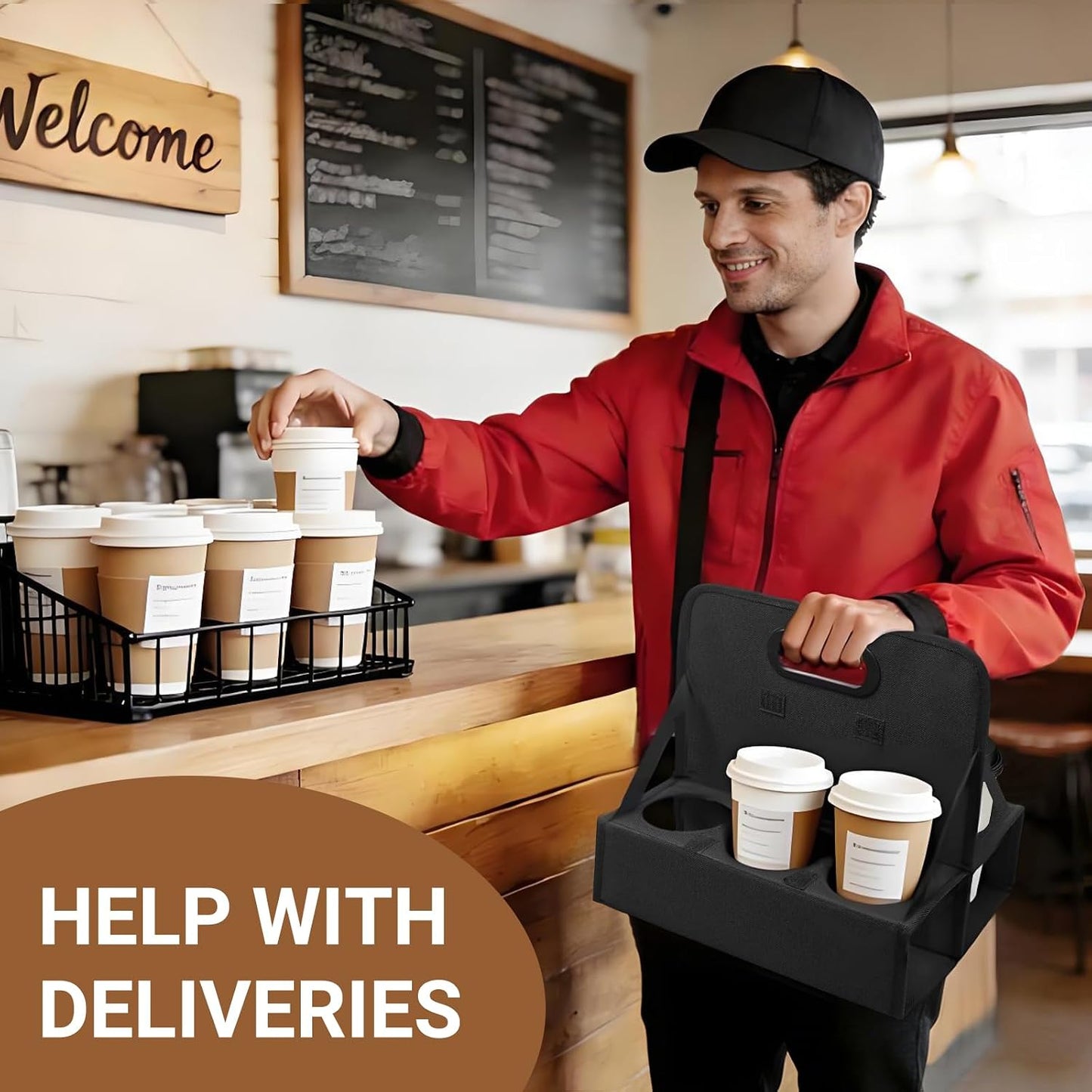 6-Cup Reusable Drink Carrier with Handle – Foldable Drink Caddy for Delivery Drivers,Takeout & Catering,Portable Beverage Holder Bag for Coffee,to-Go Cups,Anti-Spill & Car Floor Safe,Black