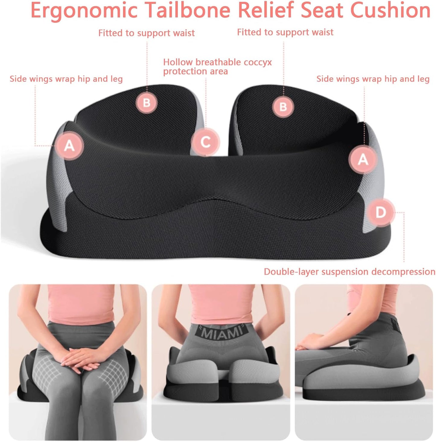 Seat Cushions for Office Chairs Wheelchair Cushion for Long Sitting Back Pain，Memory Foam Seat Car Computer Desk Chair Cushion，Coccyx Cushion for Tailbone Pain Relief Cushion Office Chair Black Blue