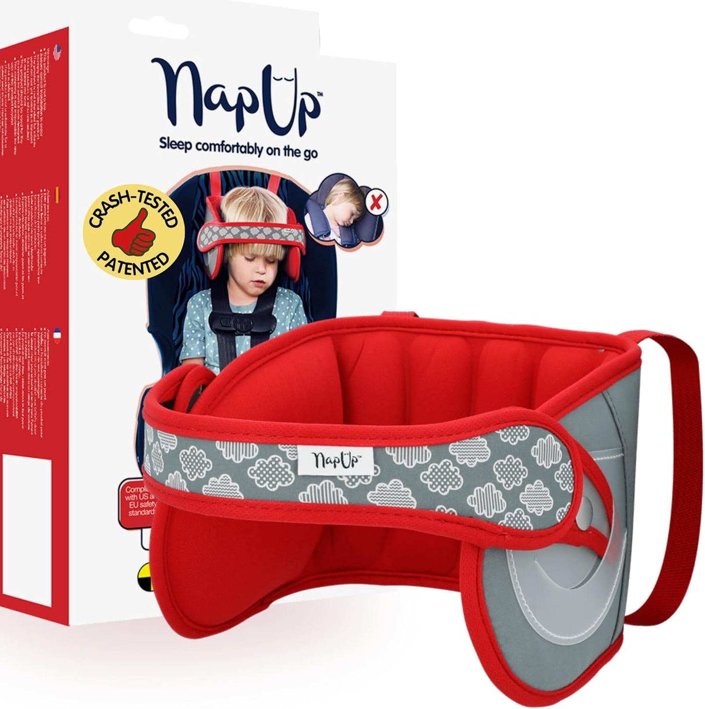 NapUp Adjustable Head Support for Car Seat – Patented & Crash-Tested Anti-Bobbing Head Holder Strap, Comfortable Sleep Solution - Breathable Fabric, Kids Travel Accessories - Ages 2+ - Red