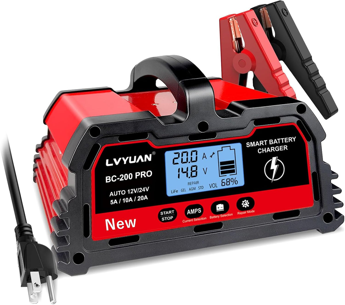 LVYUAN 20A Smart Car Battery Charger, 12V and 24V Automotive Charger