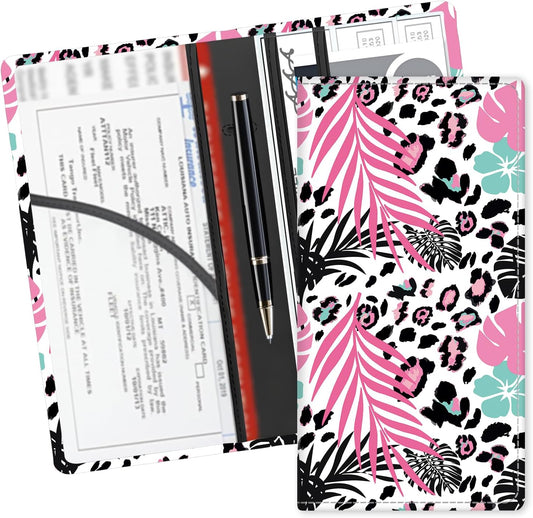 Leather Car Registration and Insurance Card Holder, Cute Car Accessories Vehicle Glove Box Car Organizer for Documents, Cards, License Boho Leaf Leopard