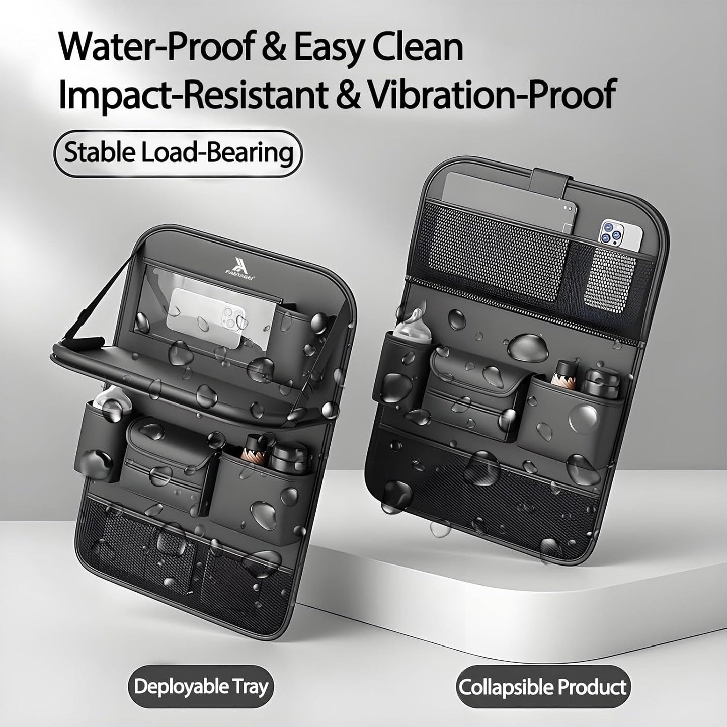 2 Pack Universal Foldable Car Backseat Organizer with Table Tray, Car Seat Back Protector with Touch Screen Phone Holder, Premium Leather Kick Mats with Storage Pockets Tissue Box (Black)