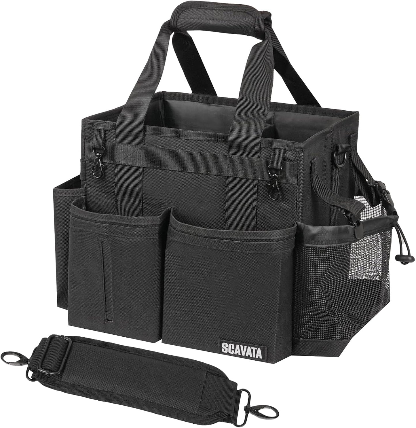 SCAVATA Compact Wearable Cleaning Caddy, Small Supplies Organizer with Handle & Shoulder Straps for Housekeepers, Under Sink & Car Cleaning Tool Organizer Bag (Black)