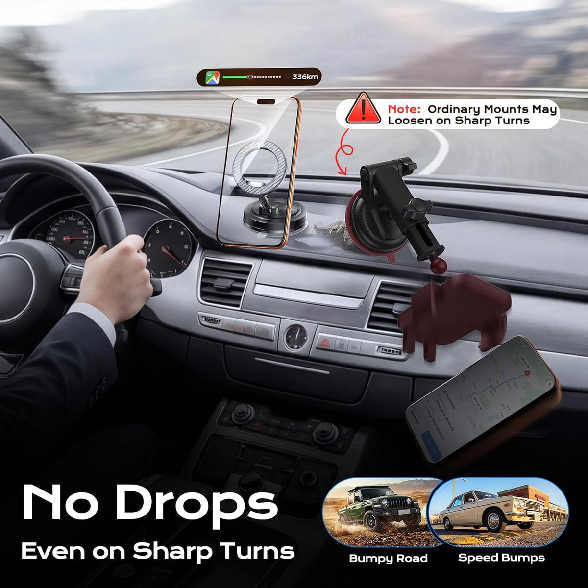 NeverDrop Car Mount for MagSafe [2 Bases for Any Surface | 118+LBS Ultra Grip | 2400gf Strong Magnetic] 360° Adjustable Car Phone Holder, Phone Holders for Your Car for All Smartphones, Carbon Fiber