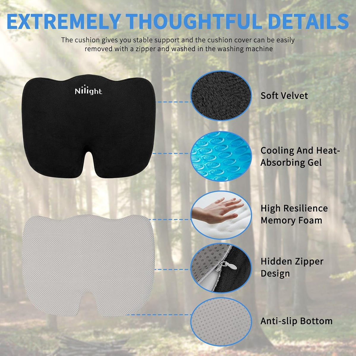 Nilight Car Seat Cushion 1PC Black Universal Gel Memory Foam Seat Pad
