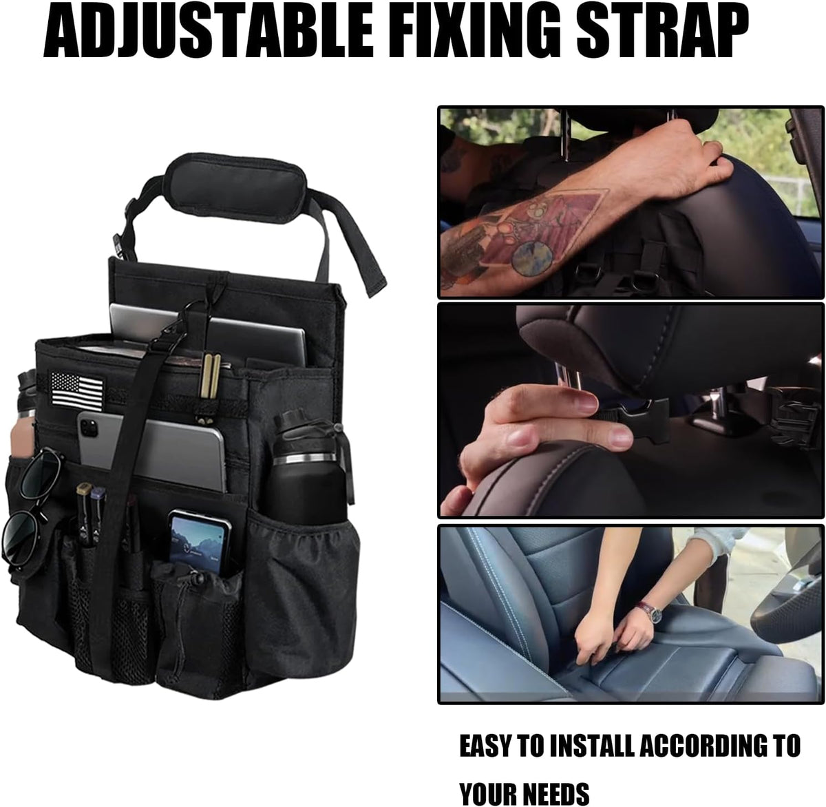 Front & Seat back organizer with 15.6 IN laptop storage stabilizers