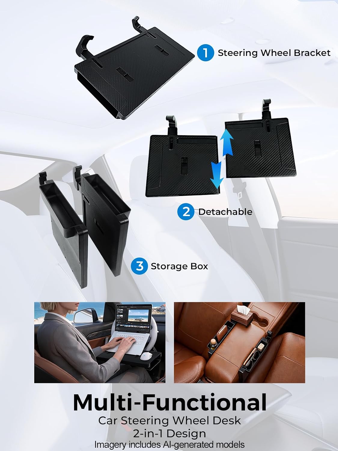 Steering Wheel Tray for Laptop & Eating, Adjustable Car Desk