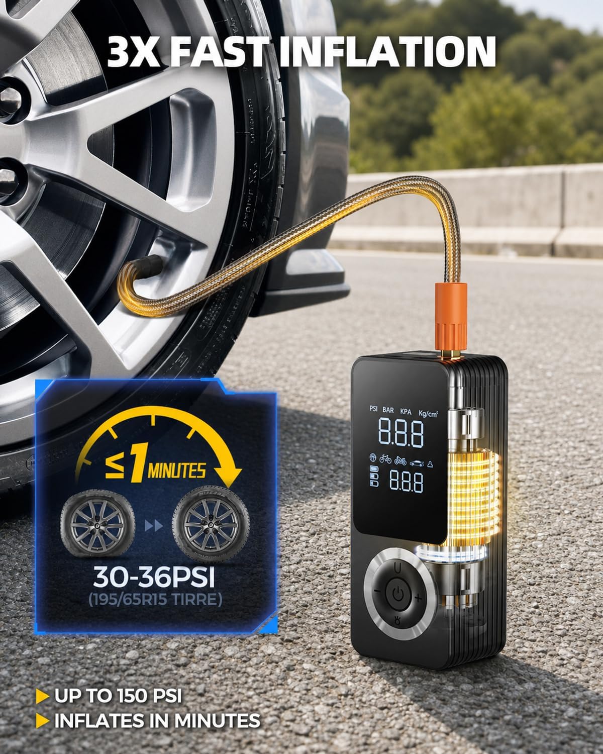 2026 Upgraded Tire Inflator Portable Air Compressor with 3X Fast Inflation, Auto Shut-off, LED Light, Type-C Charge, Long Runtime, 12V Car Power Adapter, Storage Box