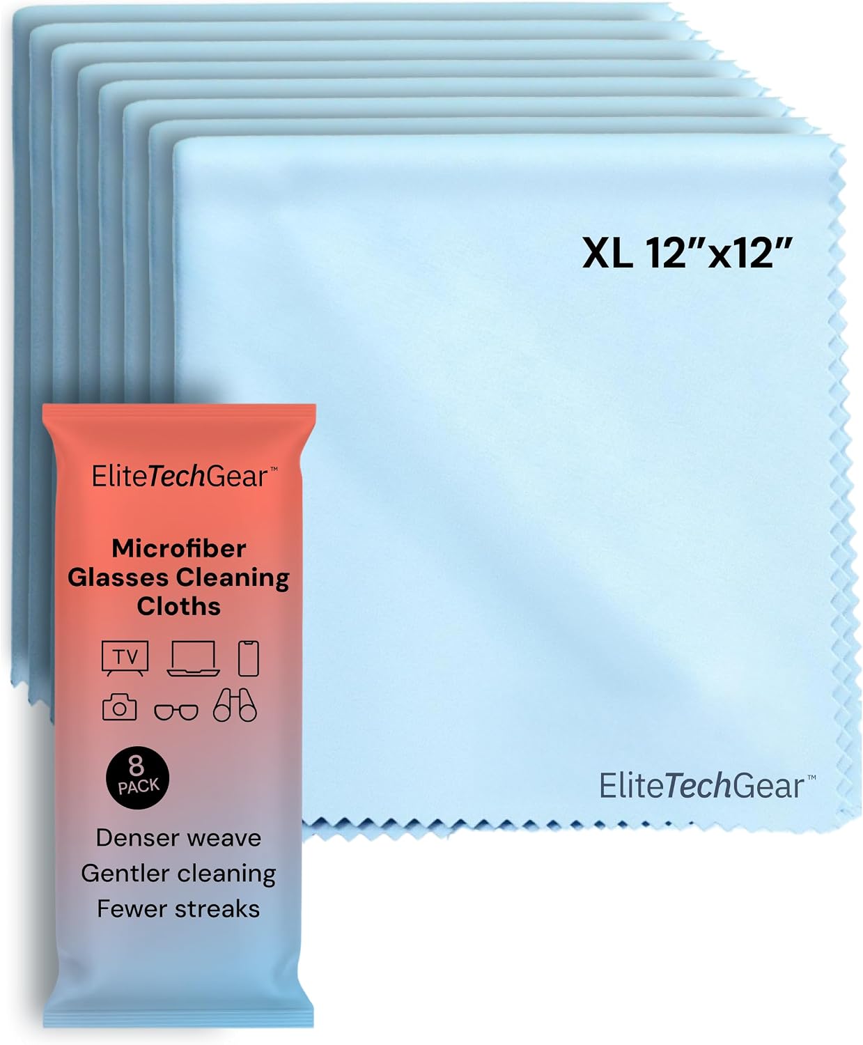Elite Tech Gear Microfiber Cleaning Cloths for Glasses & Screens, 8-Pack | Blue - Large 12"x12" - Streak-free - Safe for Delicate Lenses - Washable - Clean Glasses, TVs, Phones, DSLR and Coated Lenses
