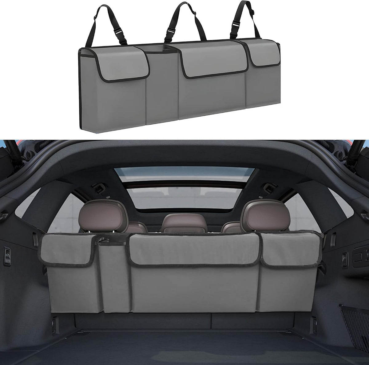 Car Trunk Organizer, Backseat Hanging Large Storage with Adjustable Straps,Waterproof PVC Collapsible Cargo Bag, Car Interior Accessories for Auto SUV MPV (Gray)