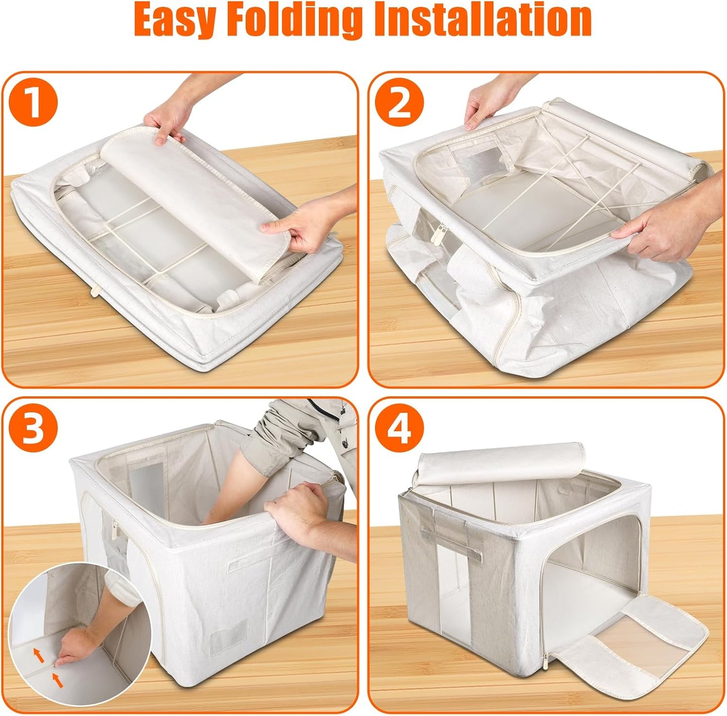 Foldable Clothes Storage Bins with Solid core powder-coated steel fram, 24/ 66L Storage Bags Fabric Box Organizer with Clear Window Zippers Sturdy Handles 2 Pack (Beige, 66L 1Pack)