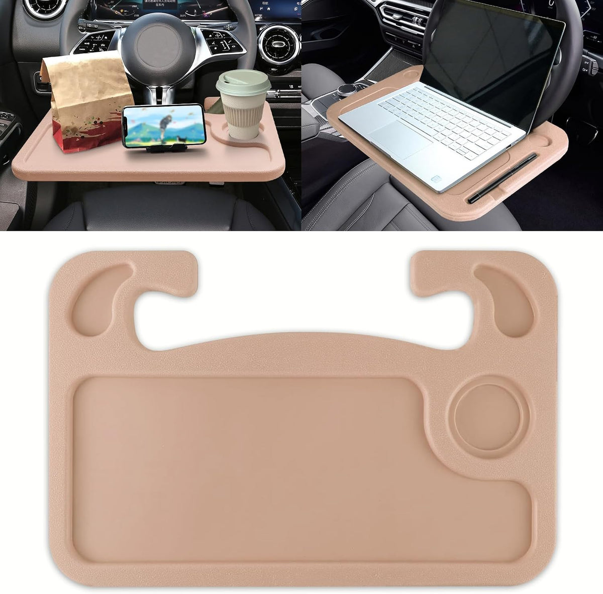 Car Steering Wheel Desk, Steering Wheel Tray, Computer Office Car Table Tray, Travel Car Accessories Multipurpose Auto Travel Table with Food Hook and Eating Tray for Most Vehicles (Pink)
