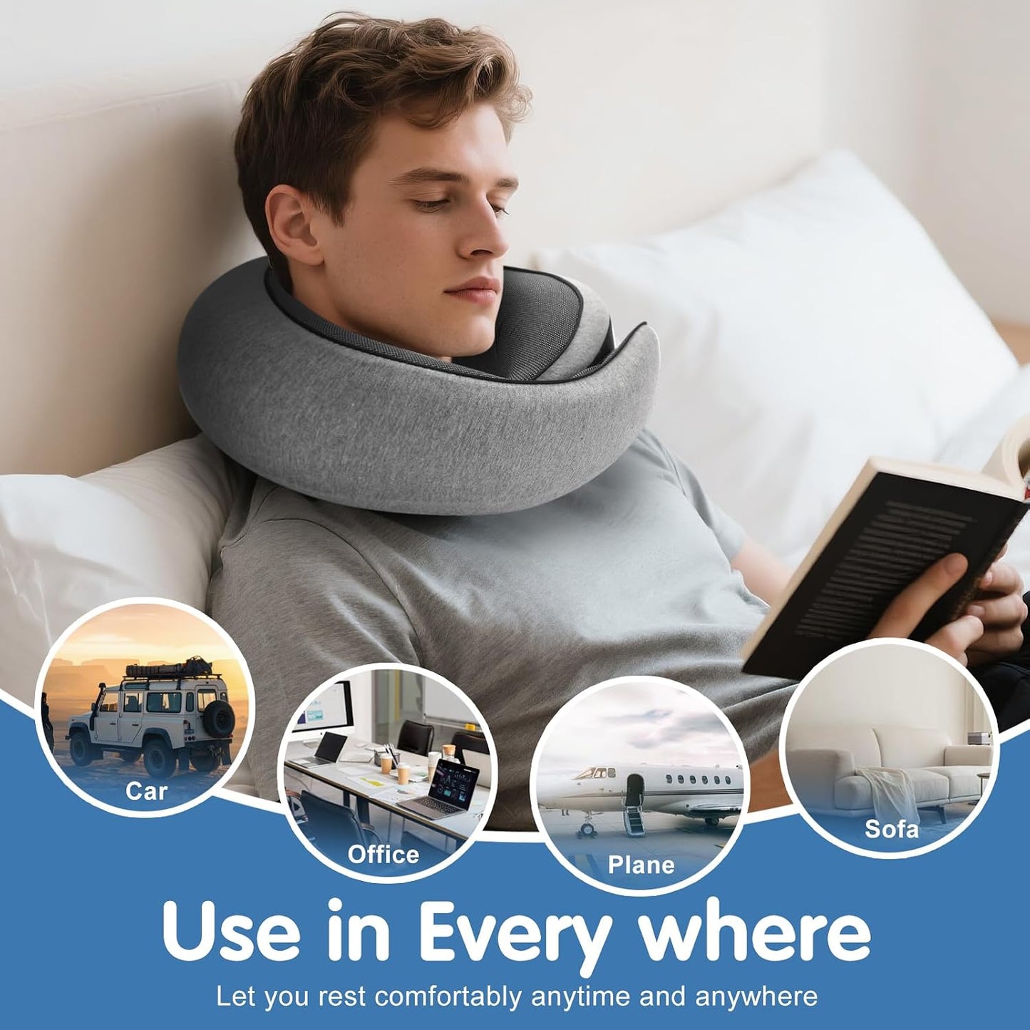 Travel Neck Pillow, Memory Foam Neck Support for Airplane, Car & Office, Breathable Portable Design with Eye Mask, Earplug Holder & Carry Bag, for Men&Women