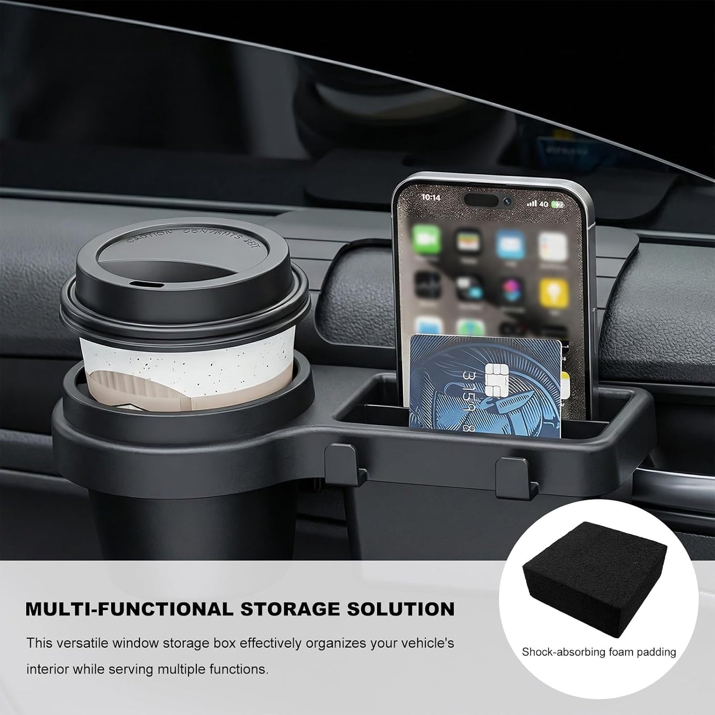 Car Window Multifunctional Storage Organizer, Vehicle Side Door Mount Storage Rack with Cup Holder & Sponge Pads, Plug & Play Car Organizer for Cell Phone Earphone Key Water Cup
