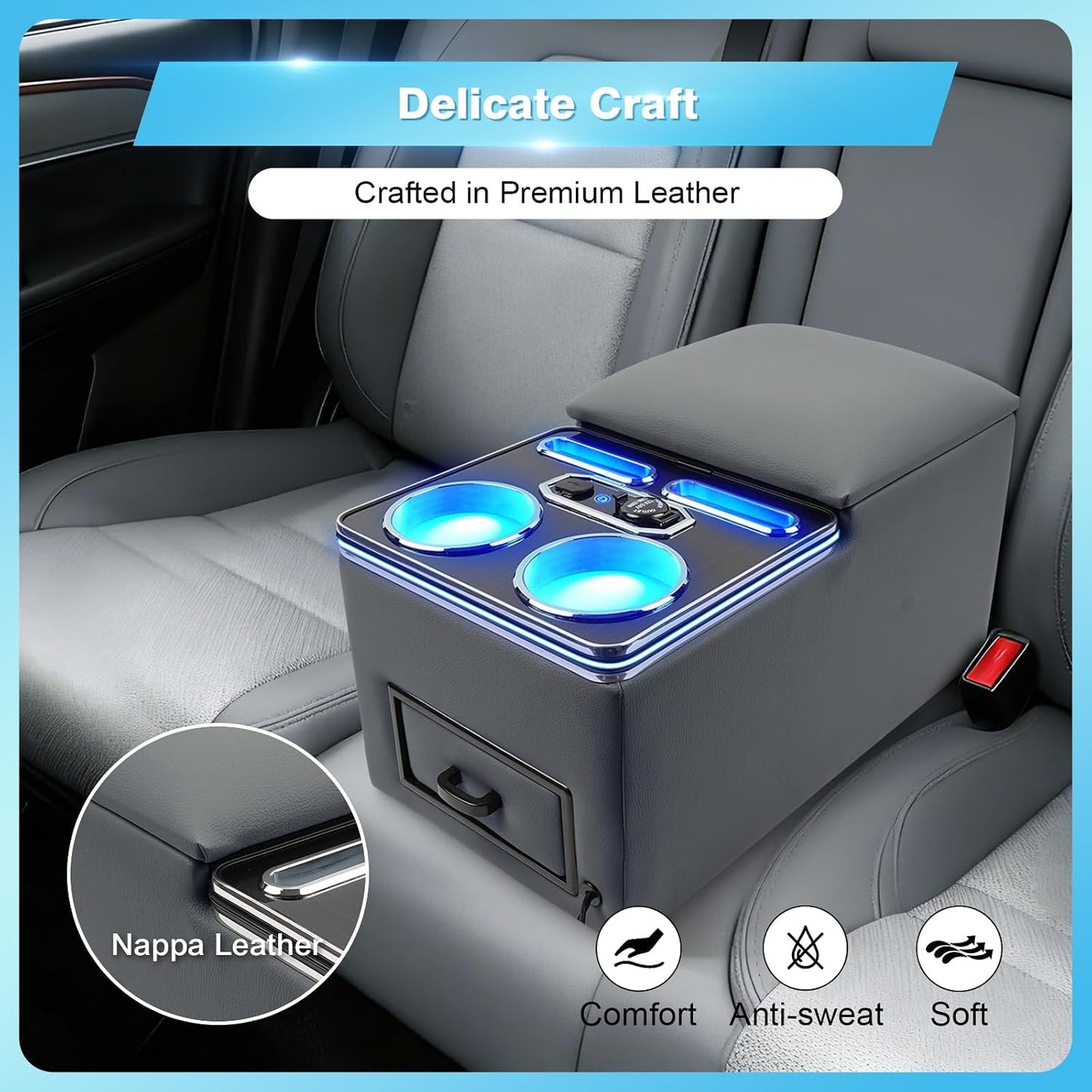 Center Console, Universal Bench Seat Center Console with Fast Phone Charging， Back Seat Car Organizer, Automotive Center Console with Cup Holder & Phone Holder (Gray)