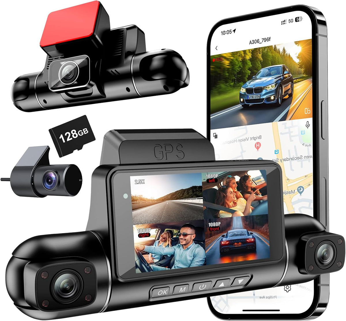 4 Channel 360° Dash Cam, 2.5K Front + 1080P, GPS & 128GB Card