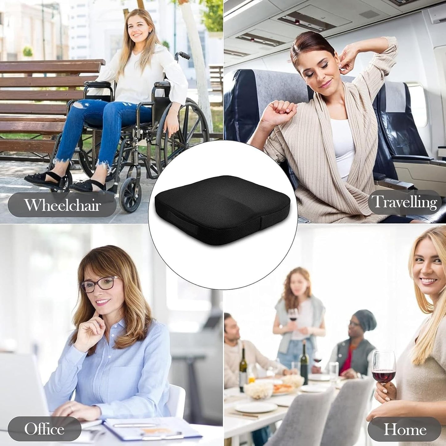 Portable Seat Cushion for Office Soft Memory Foam Seat Cushion Non Slip Bottom with Carry Handle,Washable Cover，Comfortable Coccyx Cushion for Home Office Chair Pad，Car Seat, Wheelchair (Black)