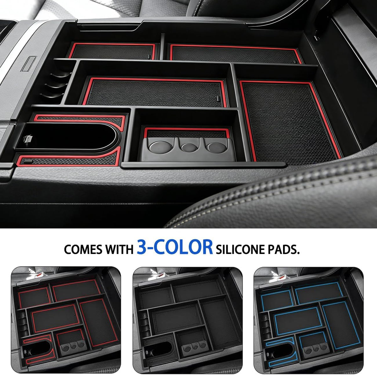 Autorder Center Console Organizer for 2014-2021 Toyota Tundra Accessories Armrest Storage Box Secondary Insert Full Tray with Red/Blue/Black Silicone Pads