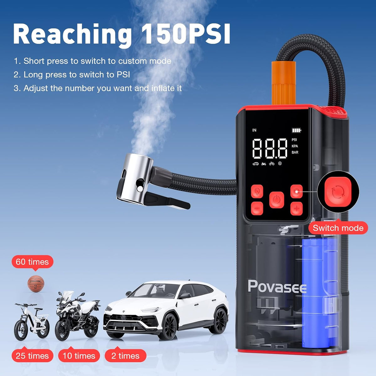 Tire Inflator Portable Air Compressor Povasee 150PSI Portable Air Pump for Tires Cordless Car Tire Inflator with LCD Display,Flashlight, 2X Tire Pump Faster suit for Cars Bikes Motorcycle Ball