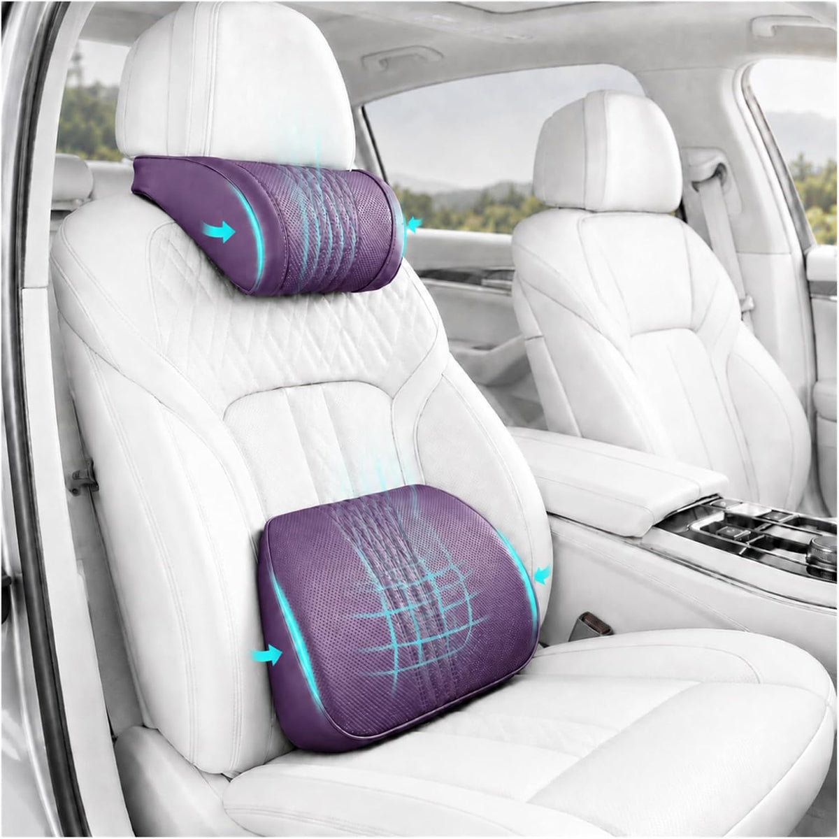 Universal Memory Foam Car Headrest Neck Pillow and Lumbar Support Pillow Set Ergonomic 2 Piece Car Seat Back Cushion with Breathable PU Leather Adjustable Straps for Driving SUVs Trucks，Purple
