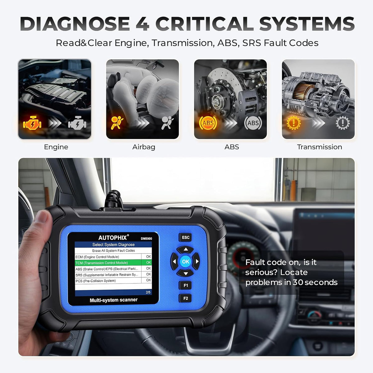 AUTOPHIX DM5900 OBD2 Scanner with 4-System Diagnostics & Battery Test