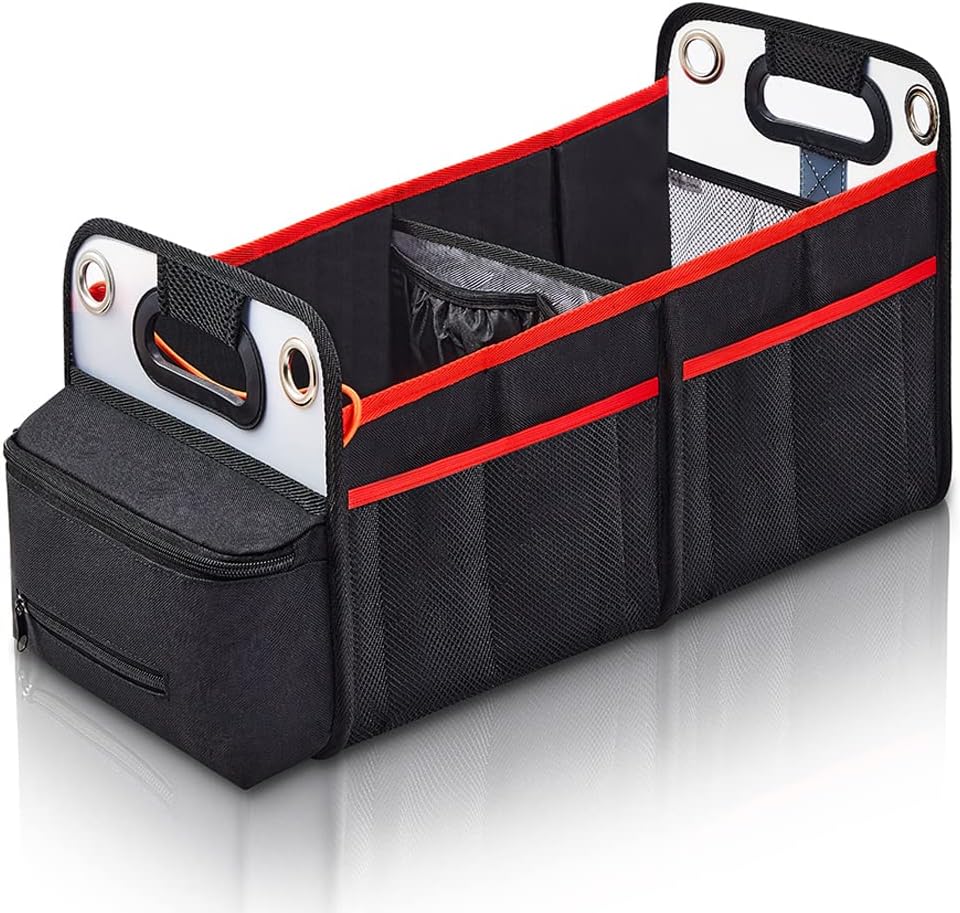 Car Trunk Organizer, Collapsible Auto Trunk Organizer Storage, Portable Grocery Cargo Container with Two Large Compartments for SUV, Vehicle, Truck, Home and Office