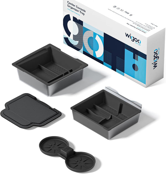 Wigoo Center Console Organizer for Tesla Model Y Juniper (Only Premium & Performance 2025 2026) and All Model 3 Highland Accessories [Double-Layer Storage, Smooth Sliding] 4PCS Black