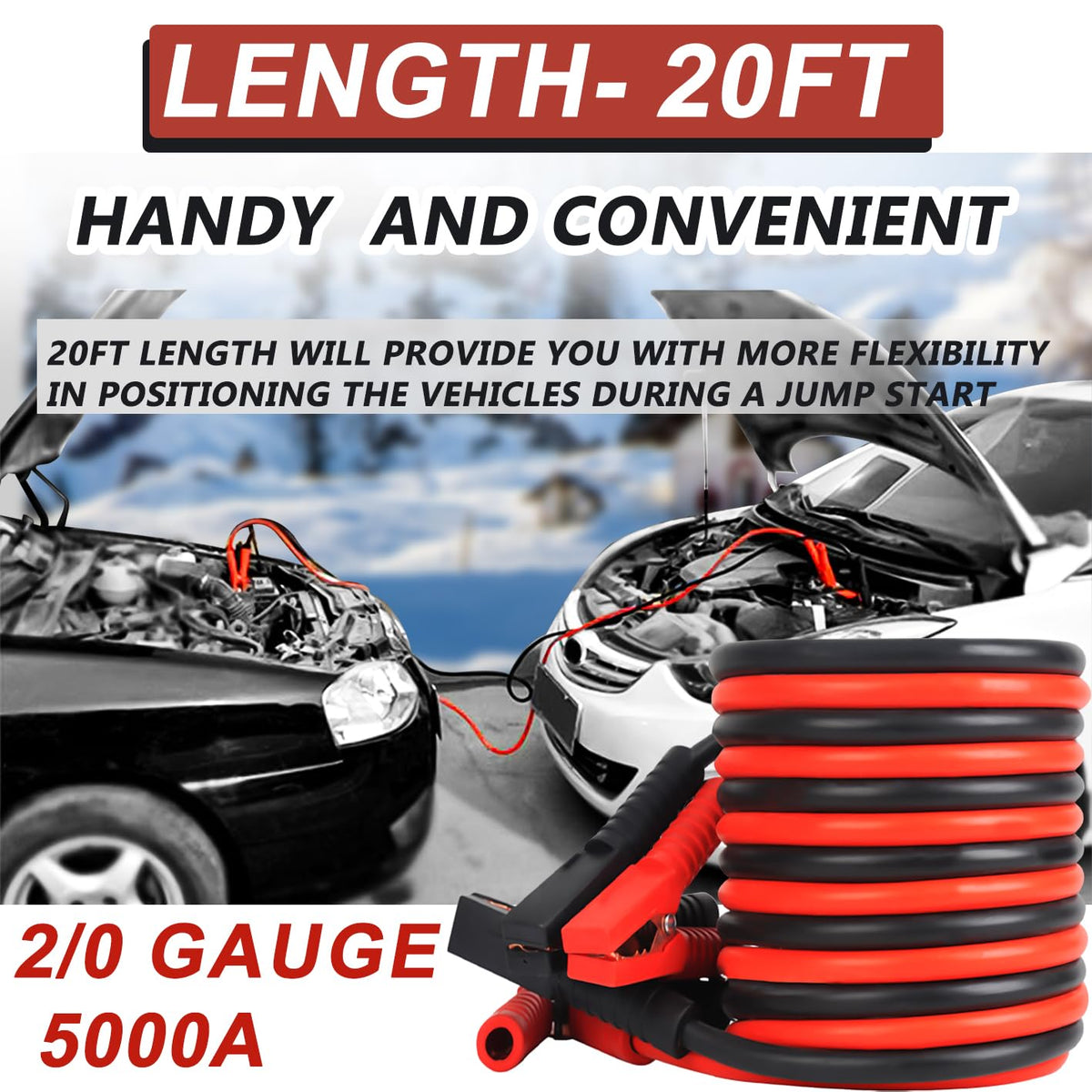 2/0 Gauge Jumper Cables, 20FT 5000A Heavy Duty Jumper Cable for Car Van Truck, Automotive Booster Cables for Jump Starting Dead & Weak Batteries，Transfers Higher Voltage Than 0, 2~12 Gauge