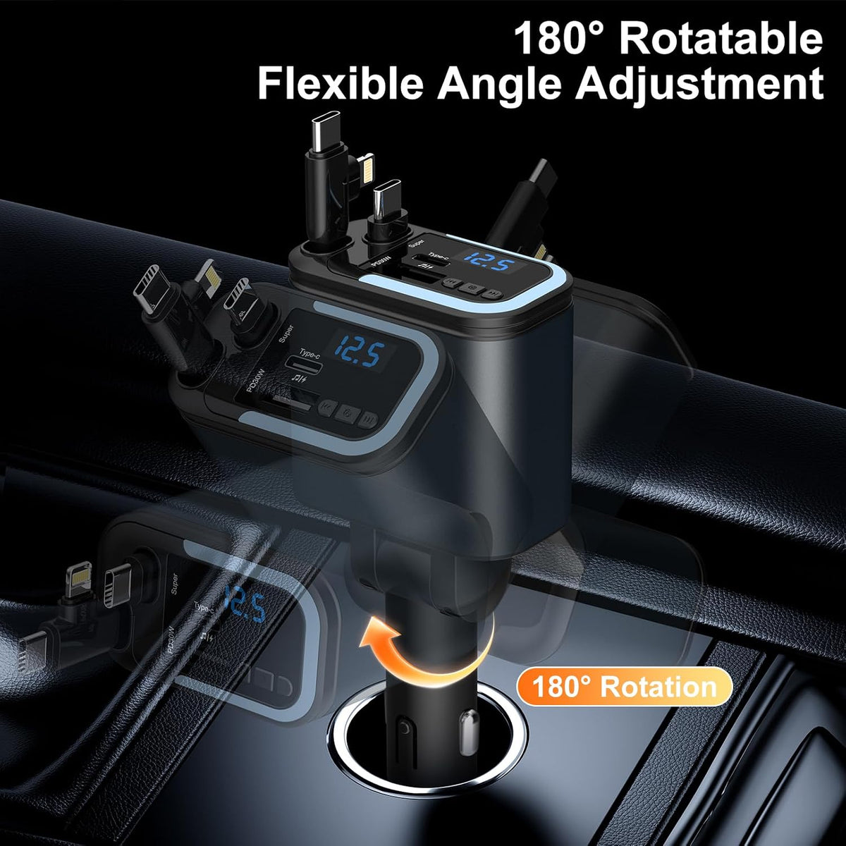 Vitog 5-in-1 120W 30-Minutes Fast Flash Charging Retractable Car Charger