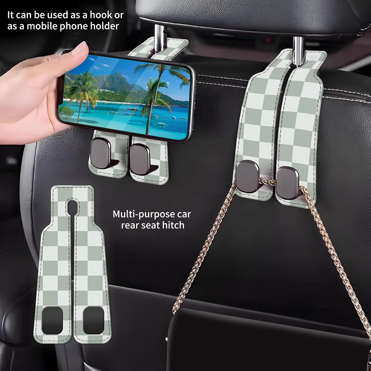 Car Seat Back Storage Headrest Hook, Premium Leather Double Metal Hook, Hanger Storage Organizer for Purse Cloth Bag, Car Interior Accessories Cute Green Plaid