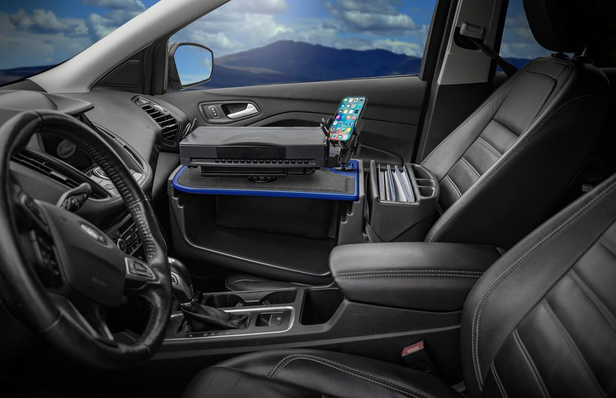 AutoExec Efficiency FileMaster Car Desk for Your Vehicle Workstation and Mobile Office, Blue, with Printer Stand