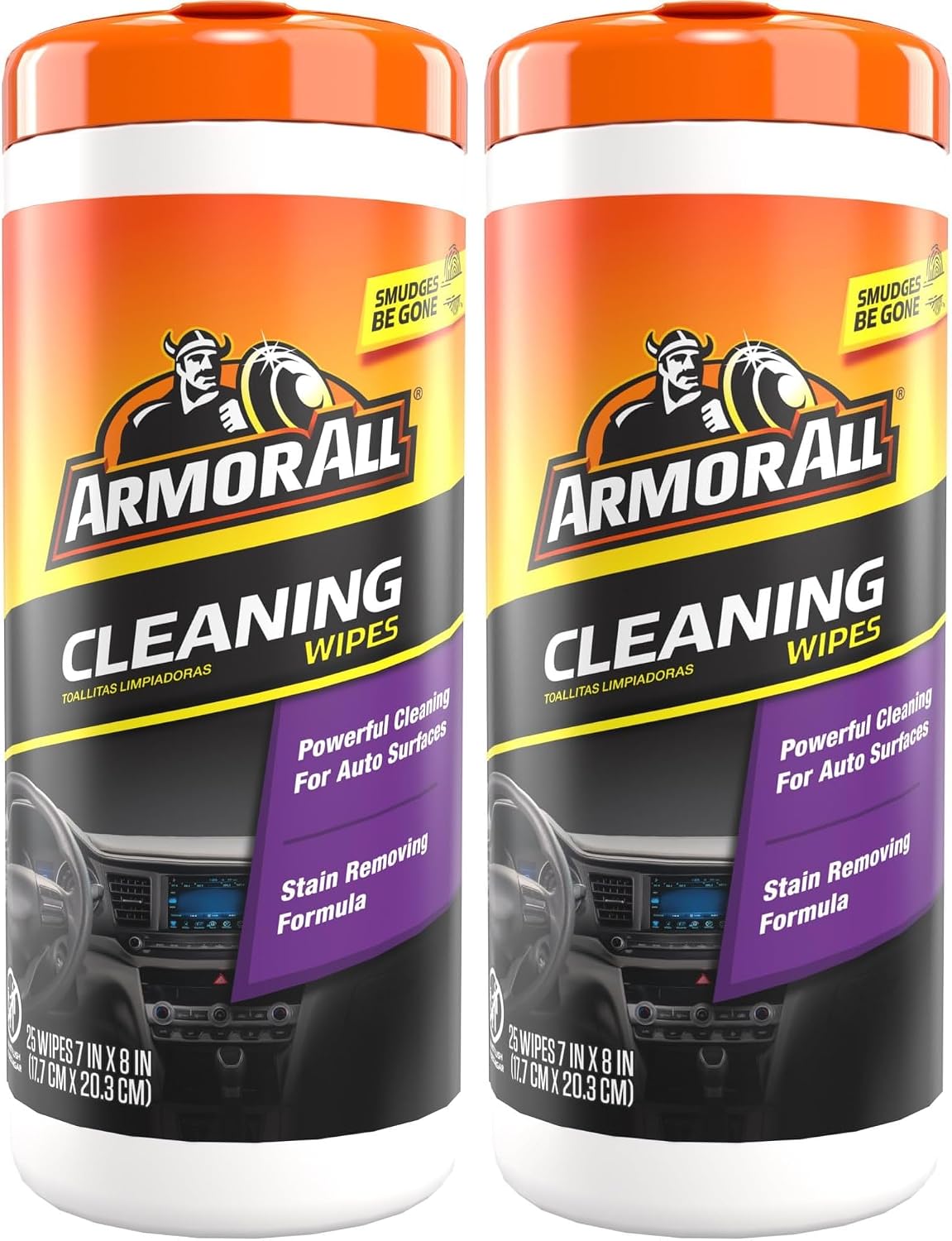 Armor All Interior Car Cleaning Wipes, Canister, Powerful Cleaning for Dashboards, Vinyl, Clear Plastics, Carpet and Fabric, 25 Count (Pack of 2)
