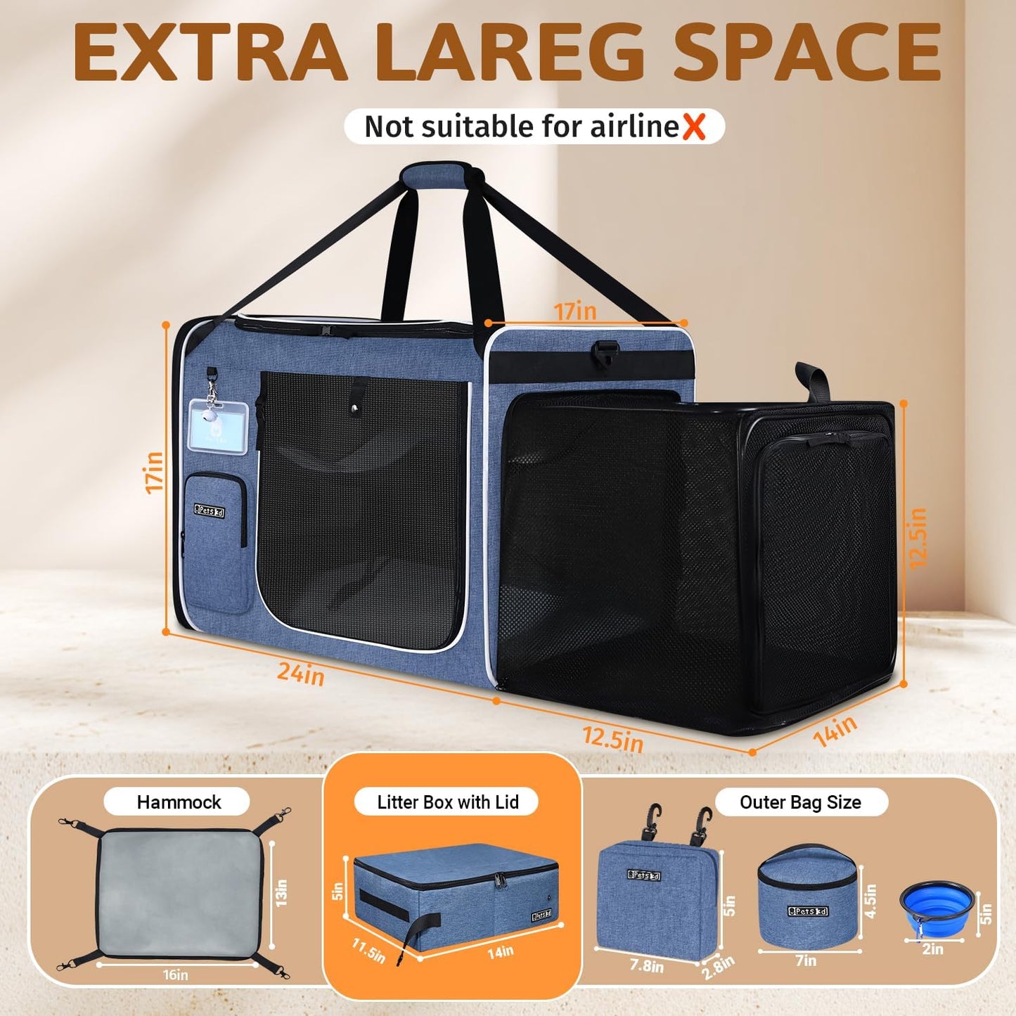 Petskd Side Expandable Extra Large Cat Carrier with Litter Box Area for Long Distance Car Travel,24"x17"x17" Collapsible Soft-Sided Large Pet Carrier with Zipper Locks for 2 Cats Under 55LBS(Blue)