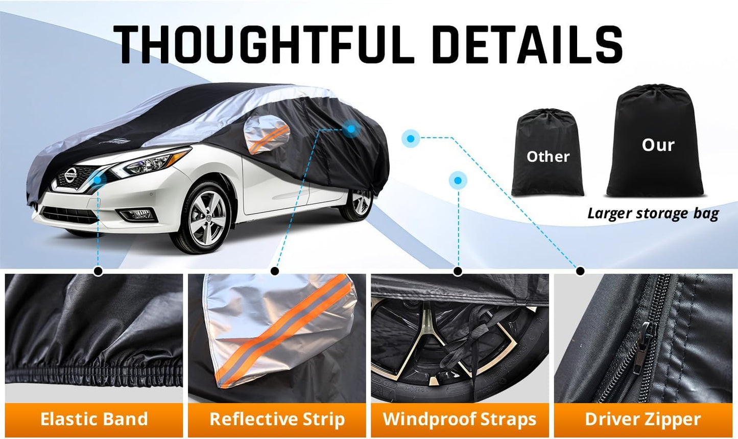 Versa Car Cover Waterproof All Weather with Silver Strip Design, Custom Fit for Versa 20012–2025, Versa Accessory with Door Zipper & Windproof Straps