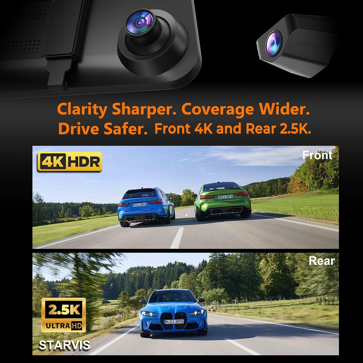 4K Mirror Dash Cam, 12" Touch Screen, STARVIS Front 4K, STARVIS 2 Rear, BSD