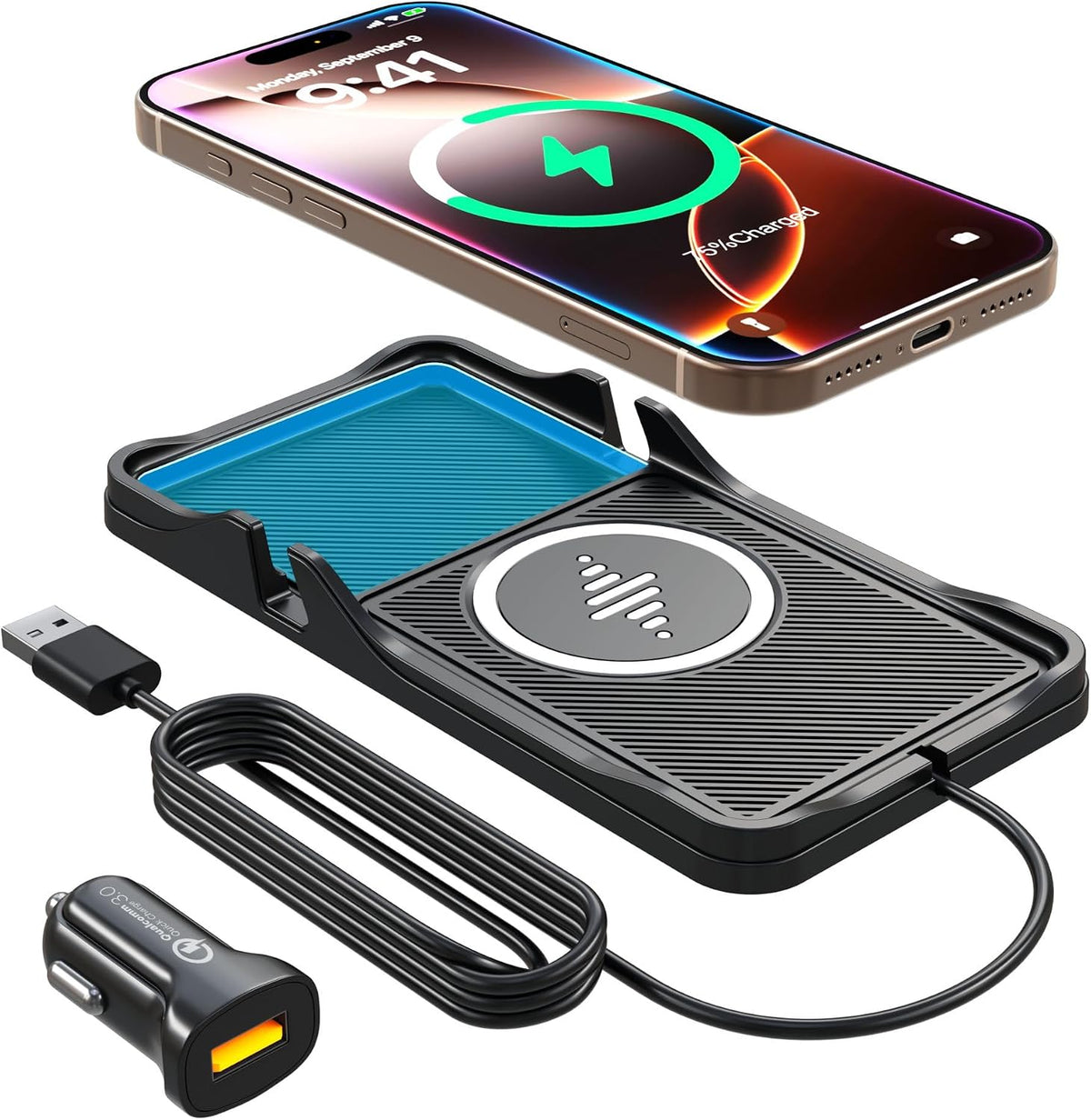 Wireless Car Charger Pad for iPhone 17/16/15/14/13/12 & Samsung, Non Slip Fast Wireless Charging Pad for Car Dashboard Console, Portable USB A Phone Charger for Vehicle SUV Truck Travel