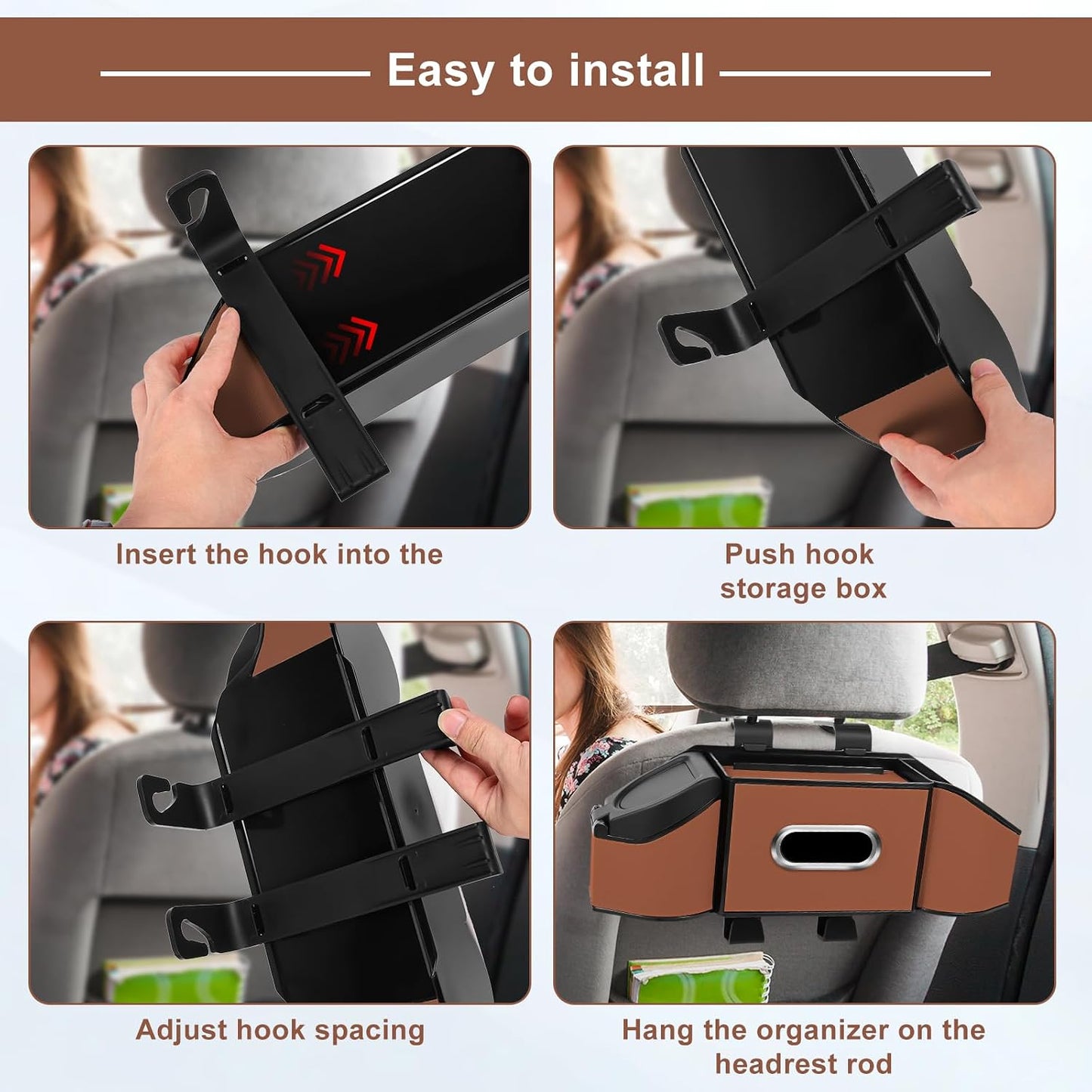 7-In-1 Car Seat Back Organizer with Cup Holders, Tissue Box, Garbage Can&Hooks, Multifunctional Headrest Storage Organizer, Headrest Cup Holder for Backseat, Car Accessories for Trips, Travels(Brown)