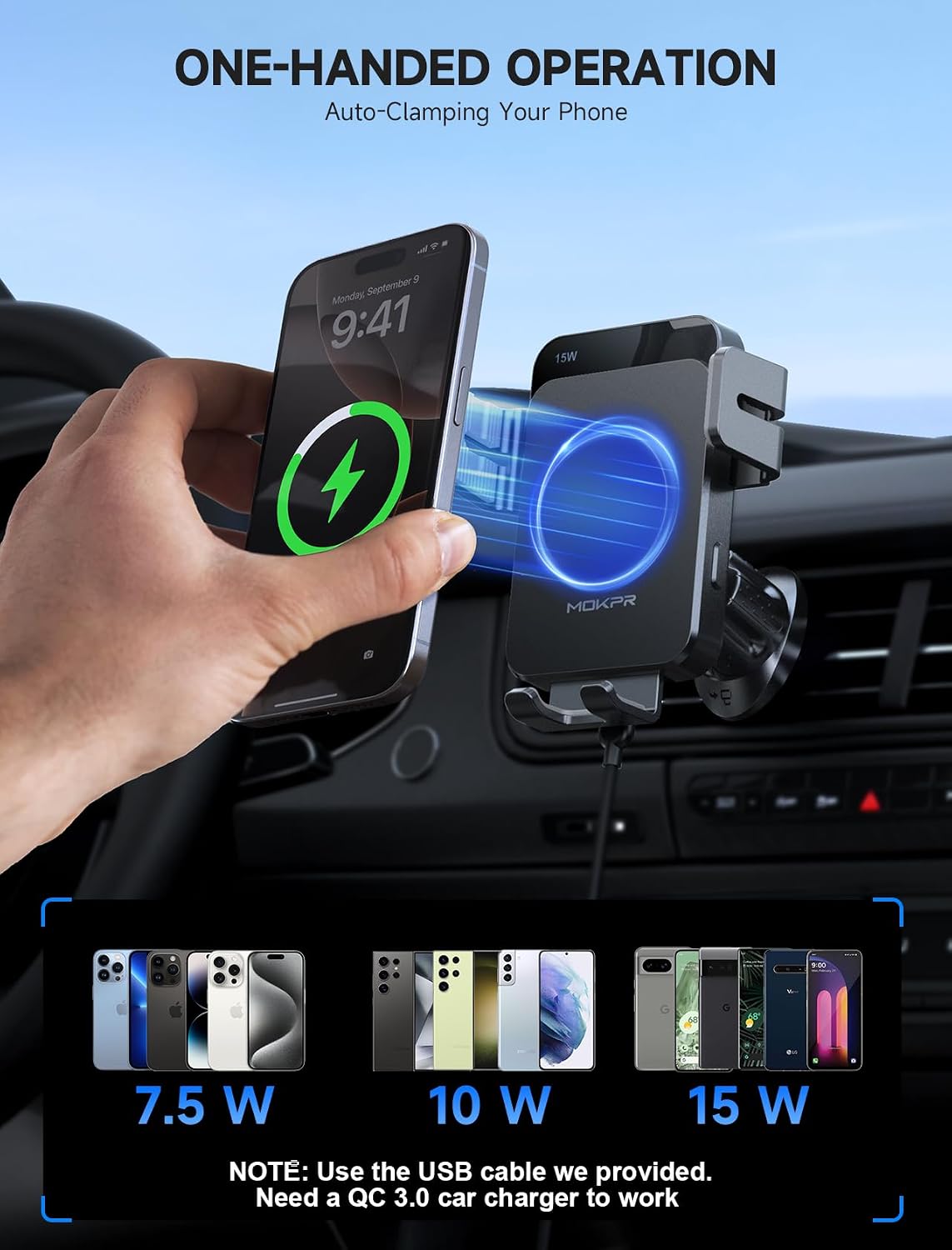 Wireless Car Charger 15W Auto Clamping Phone Holder Dash Windshield Vent