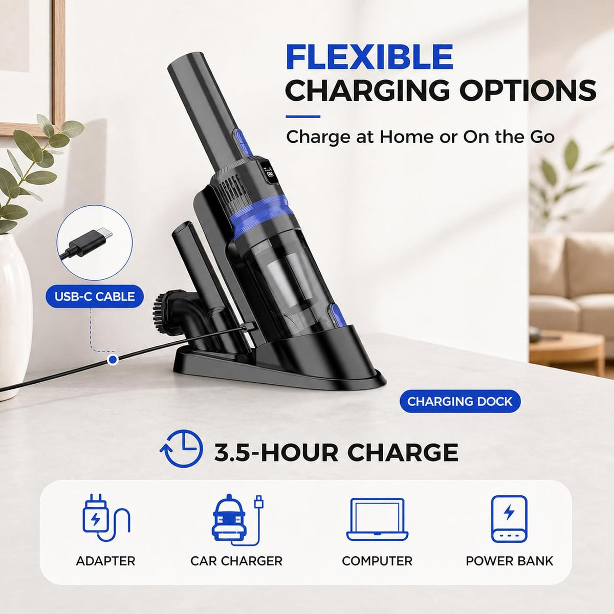 Handheld Vacuum Cordless Portable 3‑in‑1 Rechargeable Vacuum Cleaner with Charging Dock, Lighweight, 2‑Speed Modes, Type-C Charging for Car, Home, Office, Pet