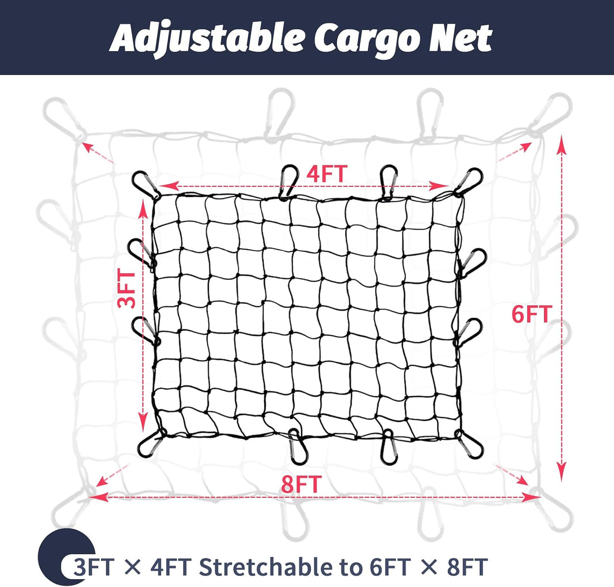 Cargo Net for Pickup Truck Bed 3'x4' Stretches to 6'x8' Heavy Duty Truck Bed Cargo Net 12 Tangle-Free Clip Carabiners and 1 Storage Bag Small 4" x 4" Mesh Universal Car Organizer Net for Large Loads