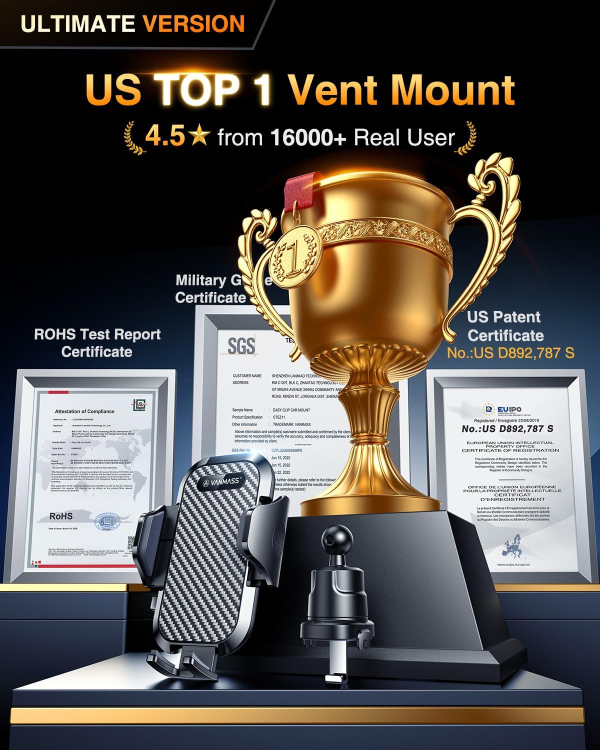 VANMASS 2026 Phone Holders for Your Car Ultimate Military-Grade Car Phone Holder Mount【Patent & Safety Certs】Upgraded Shockproof Truck Air Vent Phone Mount for iPhone 17 Pro Max 16 15 Samsung Android