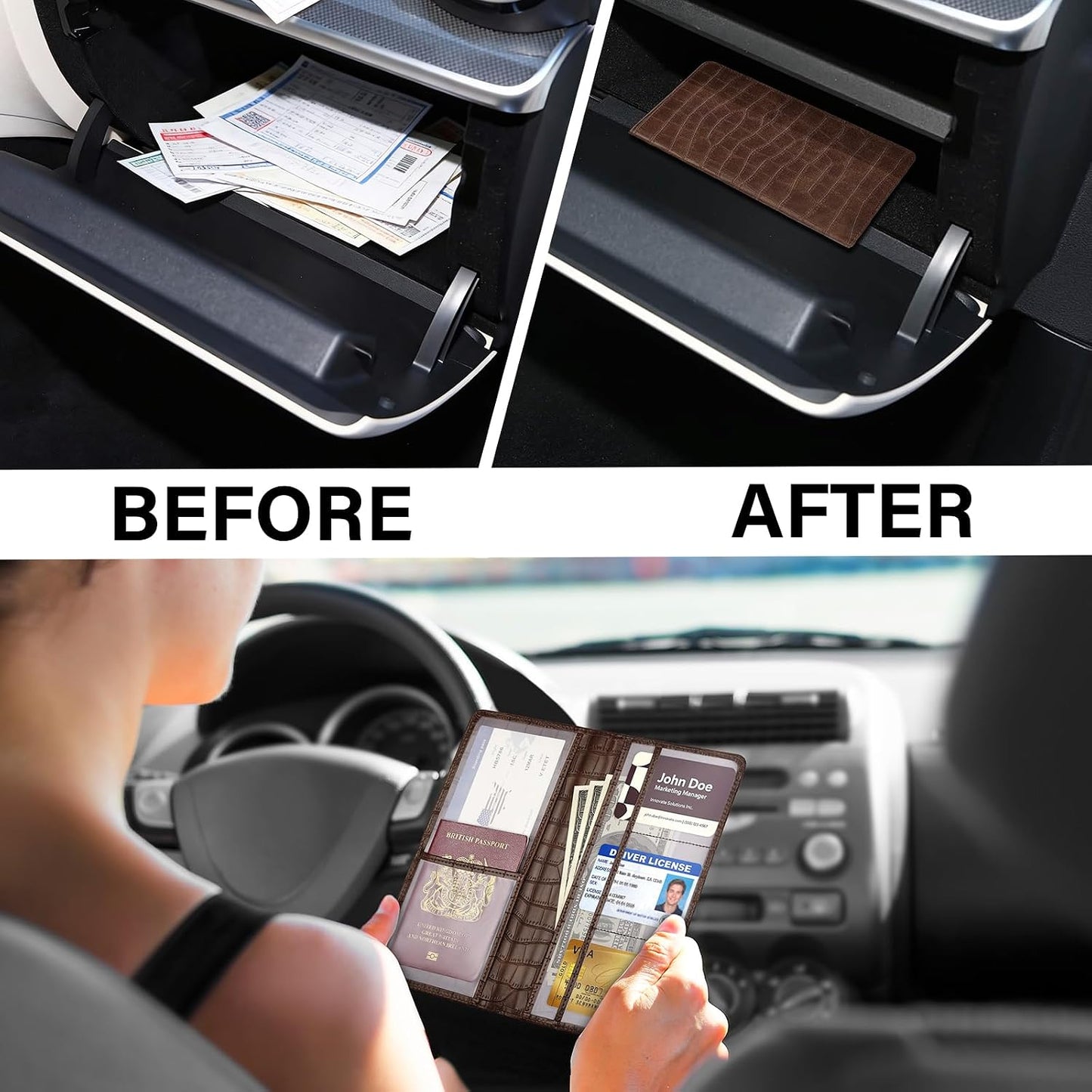 Car Registration and Insurance Holder, Brown Vehicle Glove Box Car Organizer with Magnetic Closure for Documents, Cards, License Car Organization, 1 Pack