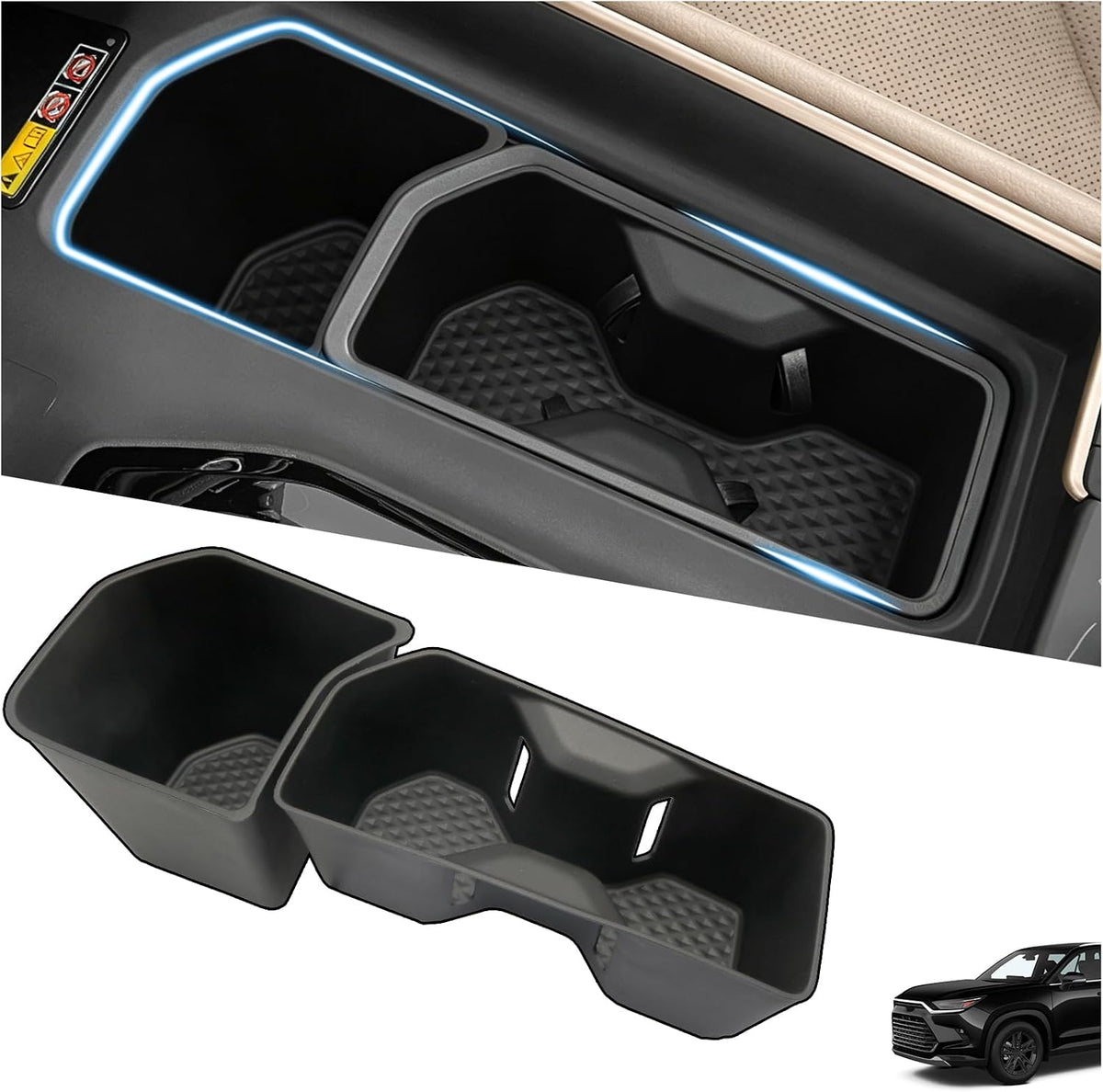 Center Console Organizer & Cup Holder Insert for 2026 2025 2024 Toyota Grand Highlander Accessories, Silicone Anti-Slip Protector Mat to Prevent Spills (Black)