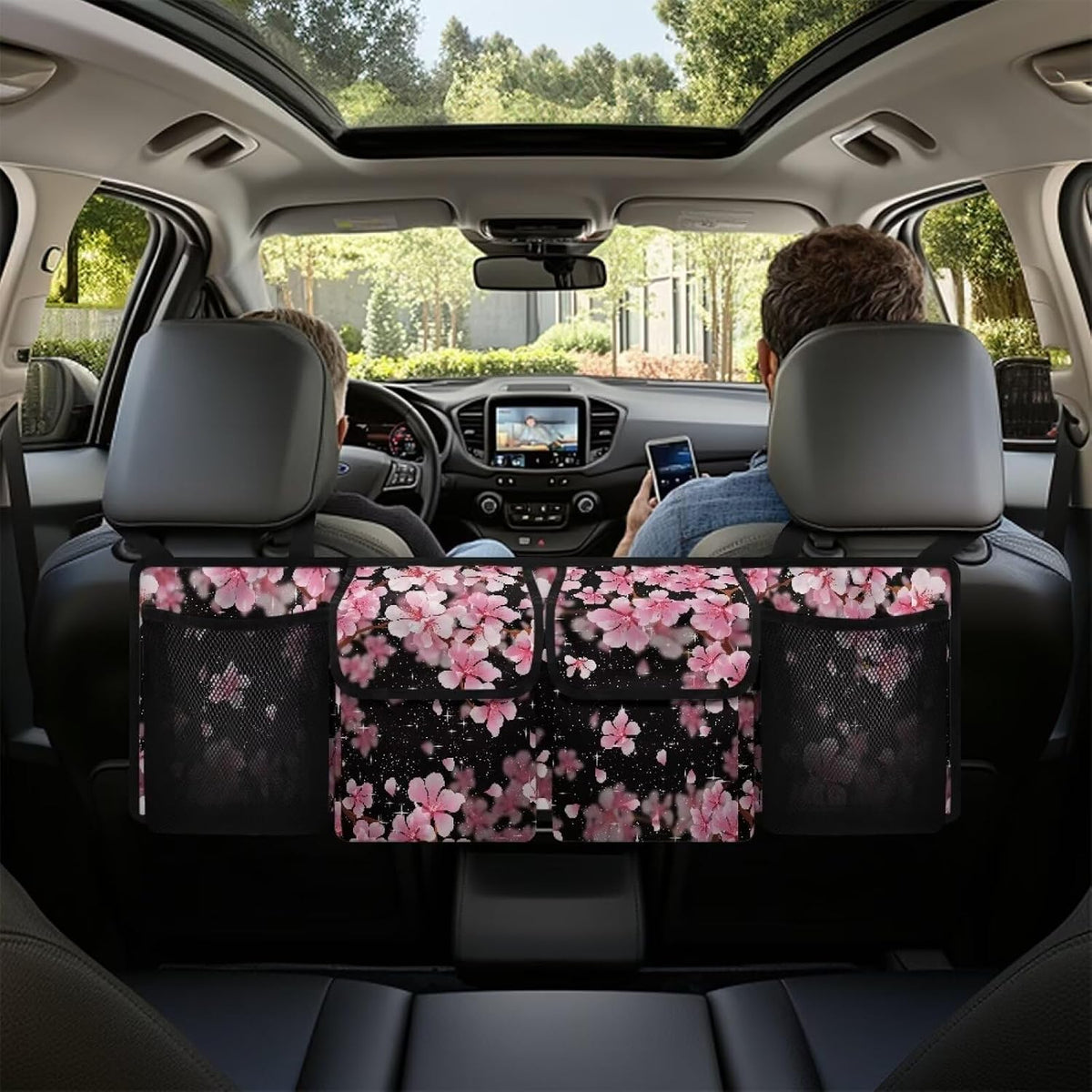 Pink Cherry Blossom Trunk Organizer Car Women Car Back Seat Organizer Multipurpose Cargo Accessory with Adjustable Straps