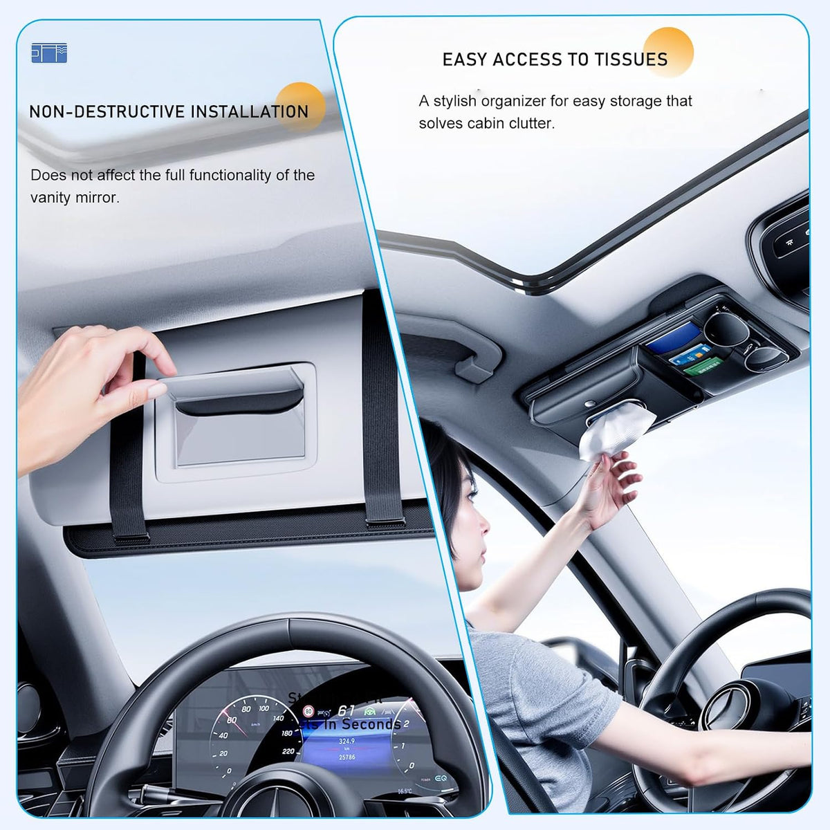 Tumecos Car Sun Visor Organizer with Tissue Holder, Auto Consoles Organizer with Sunglass Clip,Multi-Pocket Visor Accessories for Truck, SUV，Card/Pen/Driver's License Storage