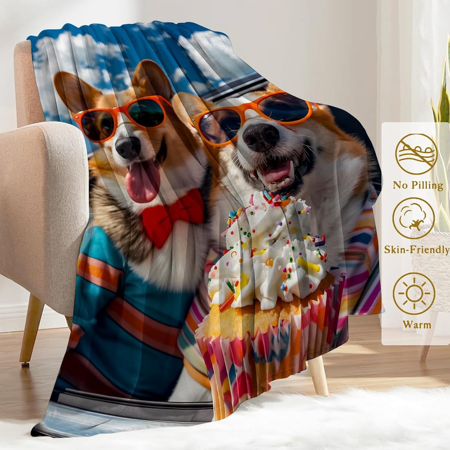 Funny Corgi Dog Fleece Throw Blanket 50x60 Inch,Fun Happy Puppy with Sunglass and Ice Cream Decorative Throws,Soft Lightweight Blankets for Car Travel Beach,Cozy Gifts for Teens Pet Lovers