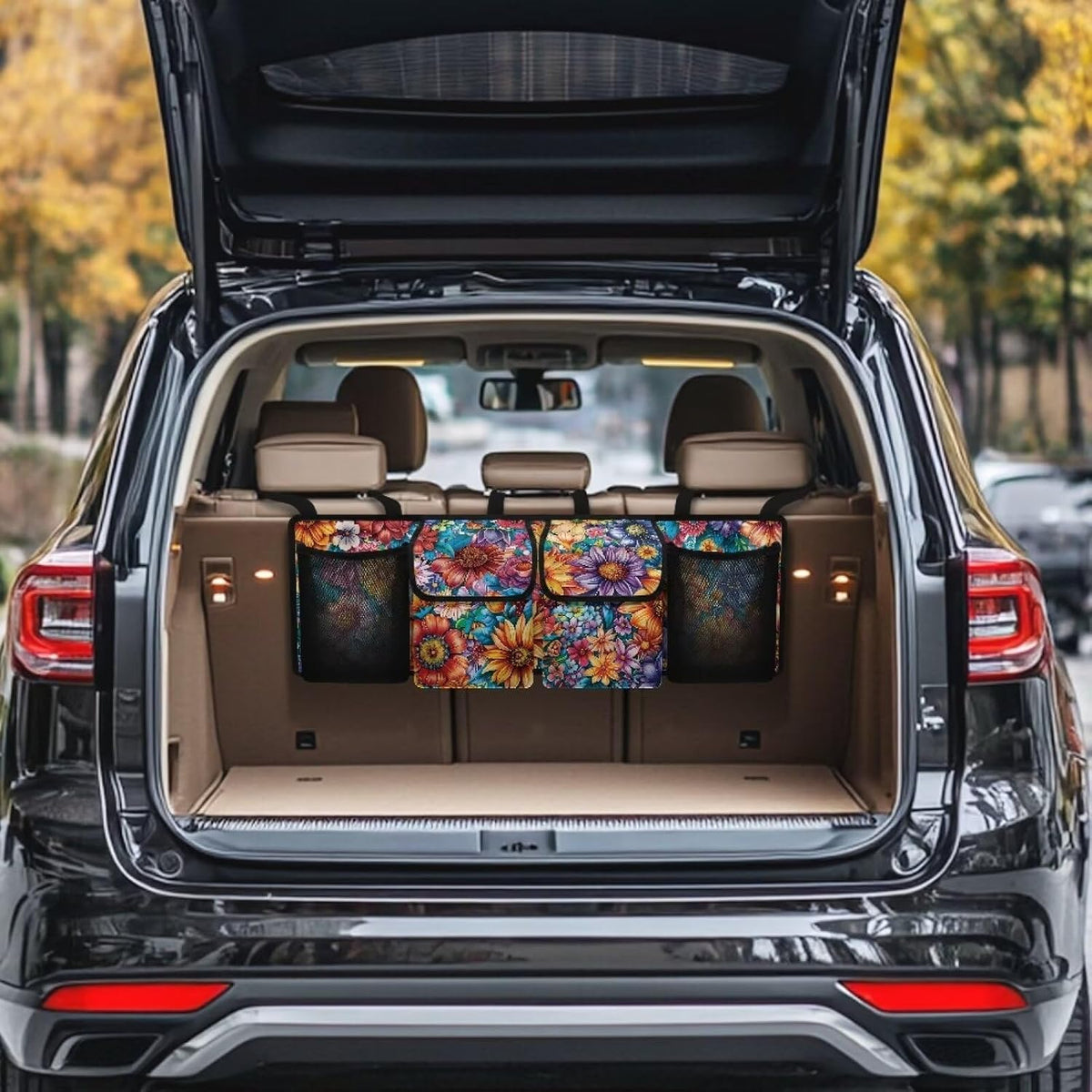 Boho Floral Flowers Backseat Trunk Organizer for Car Dahlia Hanging Cargo Bag Sturdy Trunk Storage Bag with 4 Storage Bags and 3 Adjustable Buckles
